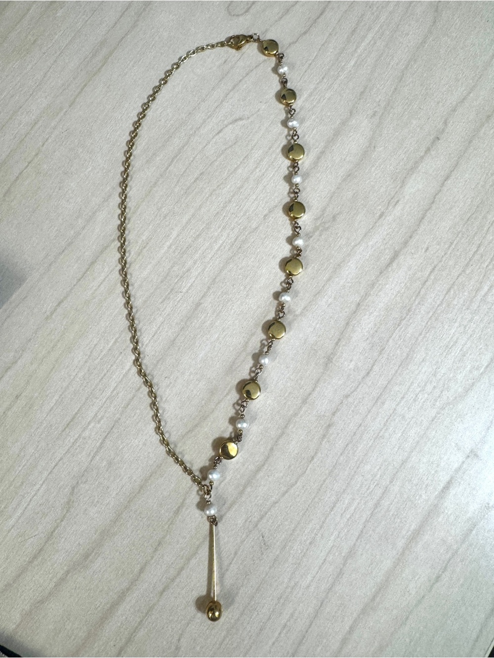 Gold Beaded Y-Necklace with Pearl Accent - Unbranded